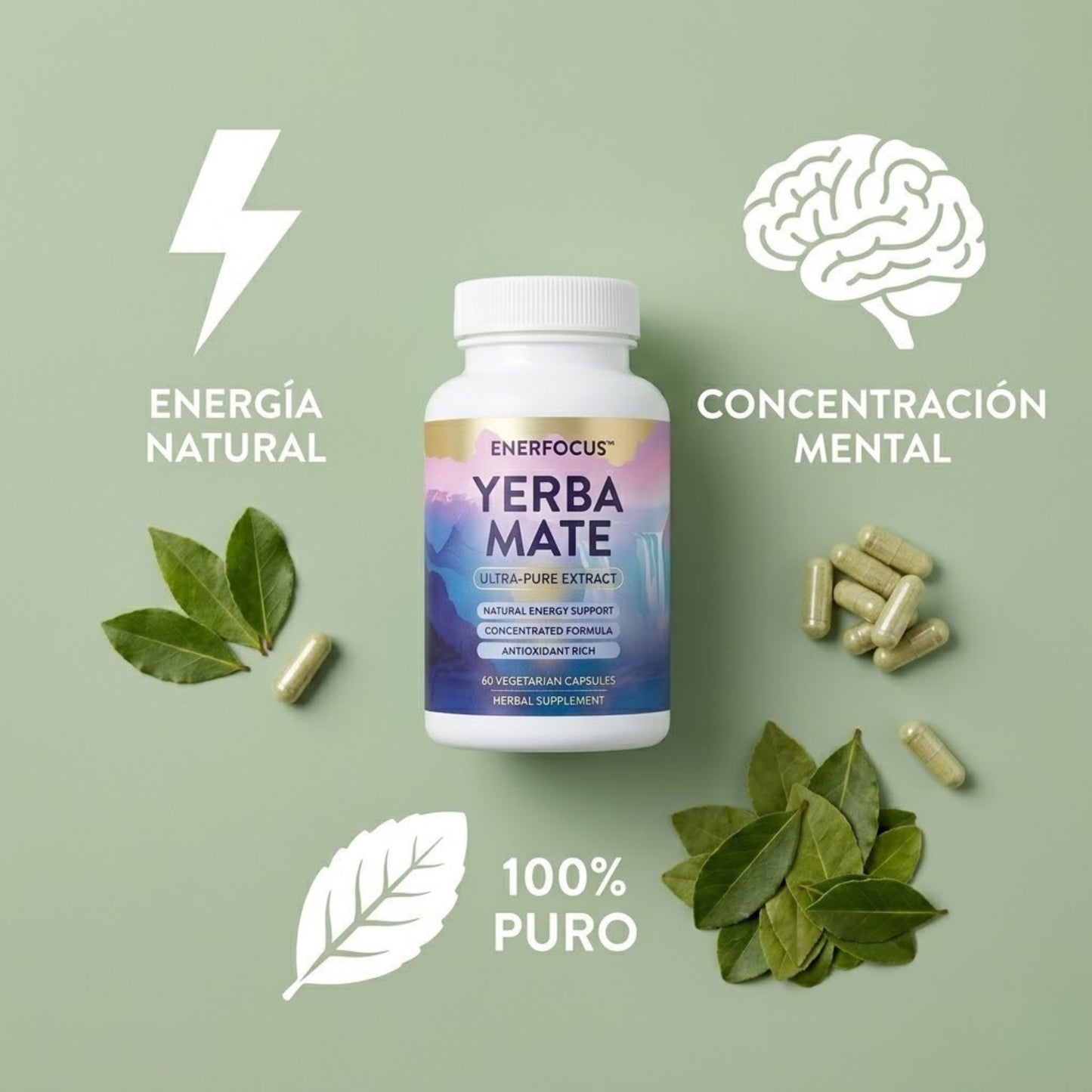 Yerba Mate Pura · Energía Natural · Sin Cafeína Artificial · Concentración Máxima